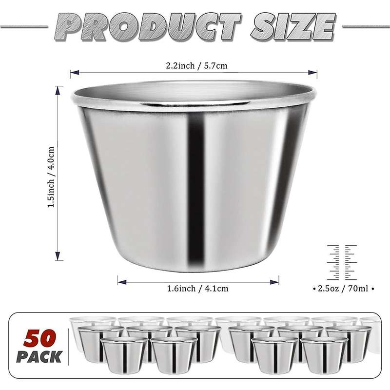 50 Pcs Metal Sauce Cups 2.5oz Ramekins, Stainless Steel Dipping Sauce Cups Metal Condiment Container