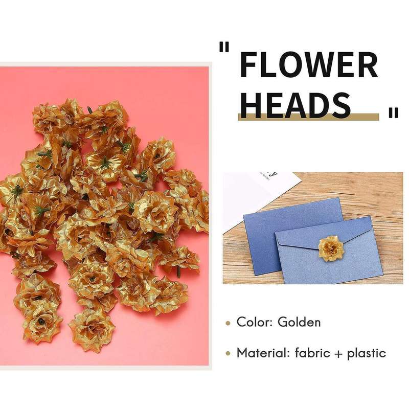 50 pcs Silk Roses Artificial Wedding Clips Wedding Decoration Flower Head (Golden)
