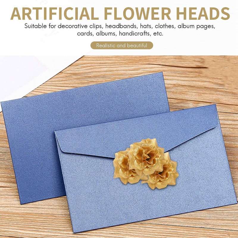 50 pcs Silk Roses Artificial Wedding Clips Wedding Decoration Flower Head (Golden)