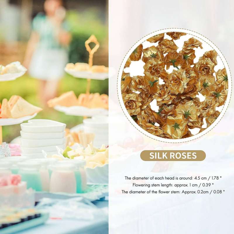 50 pcs Silk Roses Artificial Wedding Clips Wedding Decoration Flower Head (Golden)