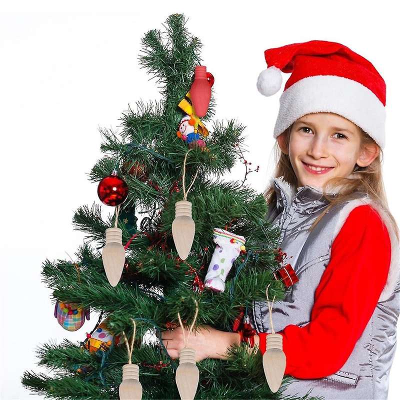 50 Pcs Wooden Christmas Light Bulb Unfinished Wood Ornaments for Crafts and Christmas Trees Supply,