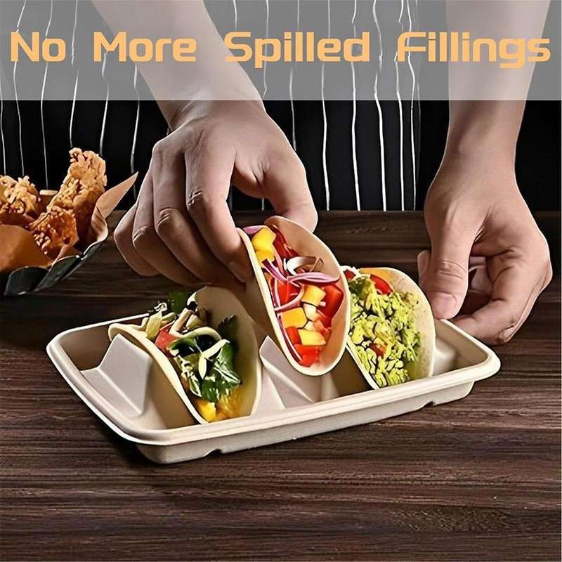 50 Pieces Biodegradable Disposable Taco Holder, 3 Compartments Paper Taco Plates, Made of Sugarcane