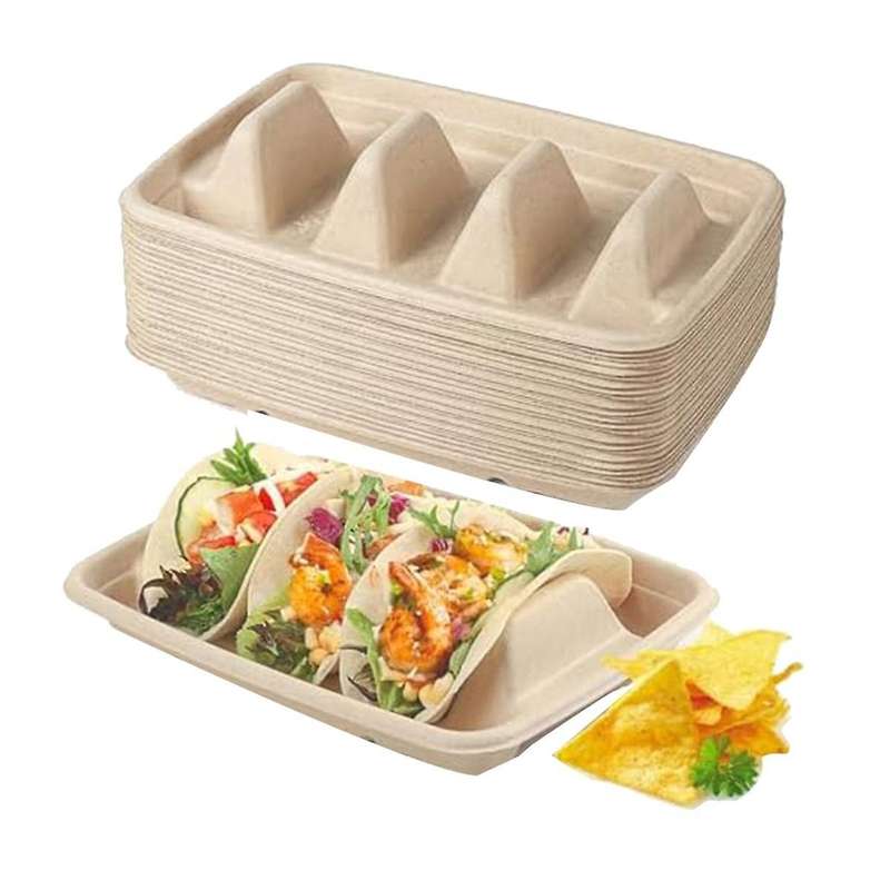 50 Pieces Biodegradable Disposable Taco Holder, 3 Compartments Paper Taco Plates, Made of Sugarcane