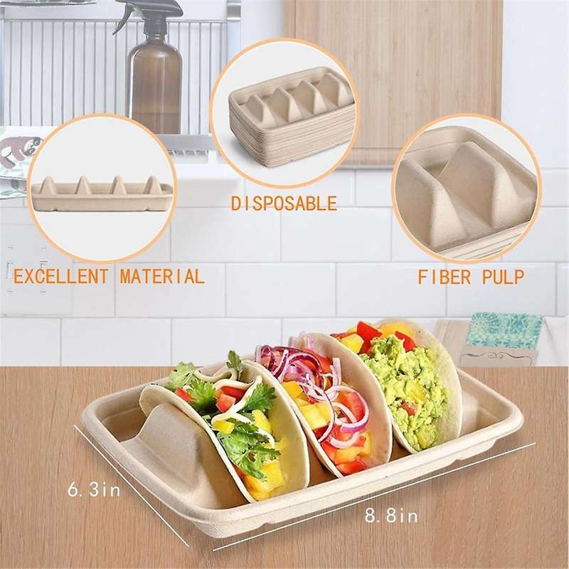 50 Pieces Biodegradable Disposable Taco Holder, 3 Compartments Paper Taco Plates, Made of Sugarcane