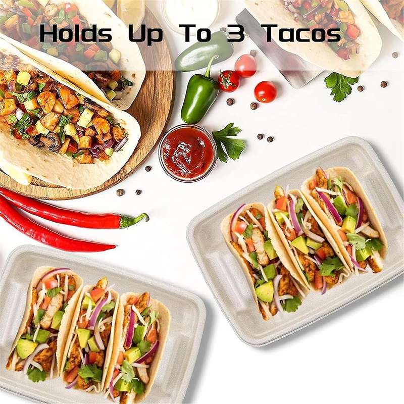 50 Pieces Biodegradable Disposable Taco Holder, 3 Compartments Paper Taco Plates, Made of Sugarcane