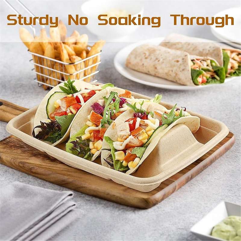 50 Pieces Biodegradable Disposable Taco Holder, 3 Compartments Paper Taco Plates, Made of Sugarcane