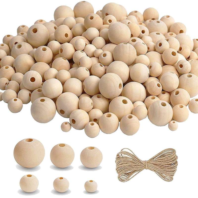 500Pcs Wooden Beads with Twine for Crafts,Different Sizes Wood Beads for Making DIY Wood Bead Garlan