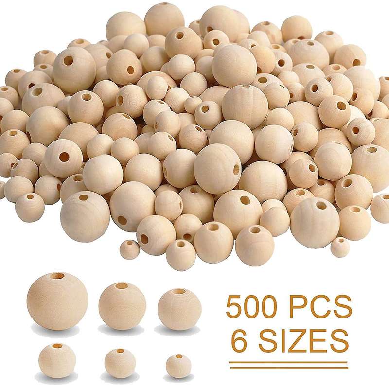 500Pcs Wooden Beads with Twine for Crafts,Different Sizes Wood Beads for Making DIY Wood Bead Garlan