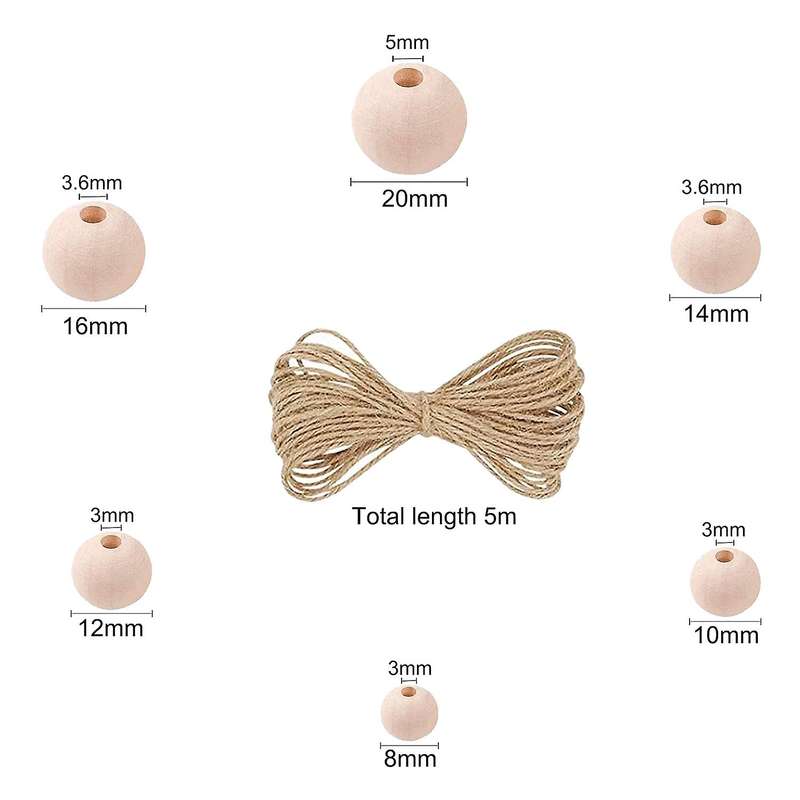500Pcs Wooden Beads with Twine for Crafts,Different Sizes Wood Beads for Making DIY Wood Bead Garlan
