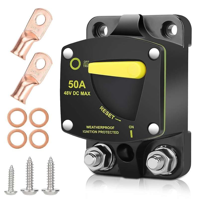 50Amp Circuit Breaker W/Manual Reset Switch DC 12-48V High Amperage,W/Wire Lugs Copper Washer for C