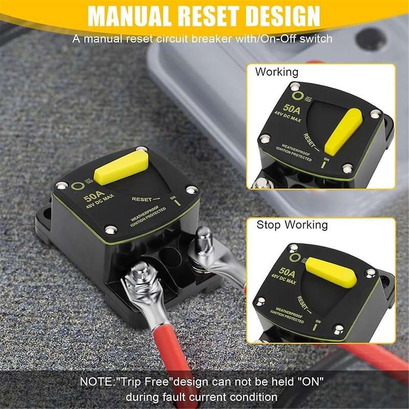 50Amp Circuit Breaker W/Manual Reset Switch DC 12-48V High Amperage,W/Wire Lugs Copper Washer for C