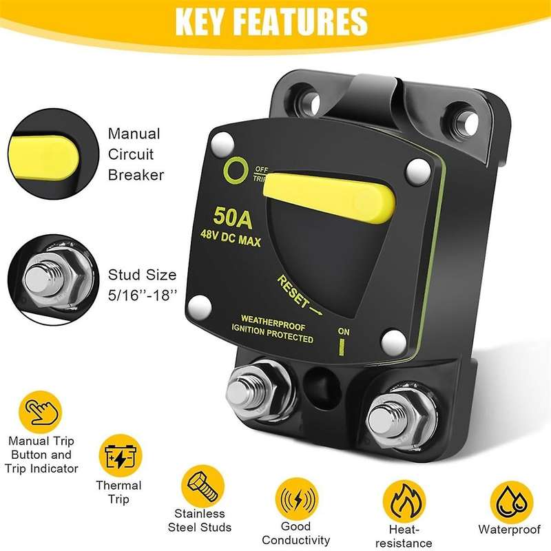 50Amp Circuit Breaker W/Manual Reset Switch DC 12-48V High Amperage,W/Wire Lugs Copper Washer for C