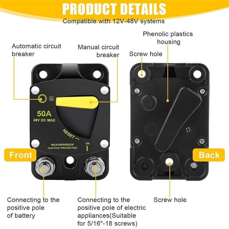 50Amp Circuit Breaker W/Manual Reset Switch DC 12-48V High Amperage,W/Wire Lugs Copper Washer for C