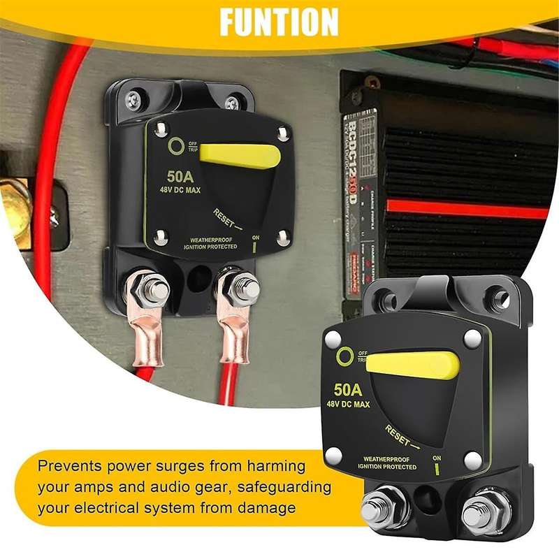 50Amp Circuit Breaker W/Manual Reset Switch DC 12-48V High Amperage,W/Wire Lugs Copper Washer for C