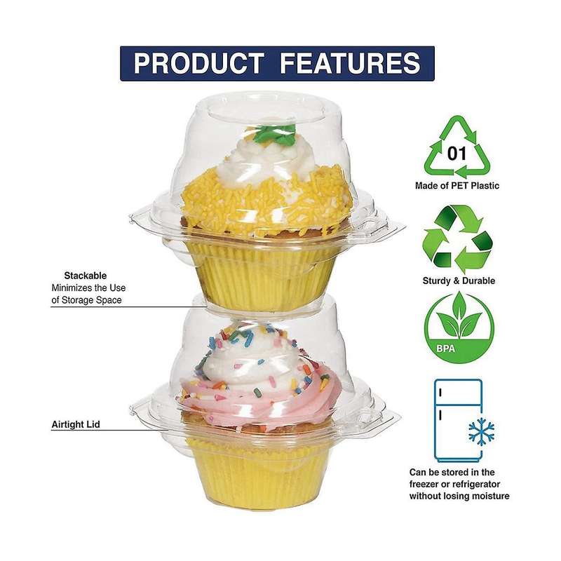 50-pack Individual Cupcake Containers, Stackable Single Compartment Disposable Carrier Holder Box W