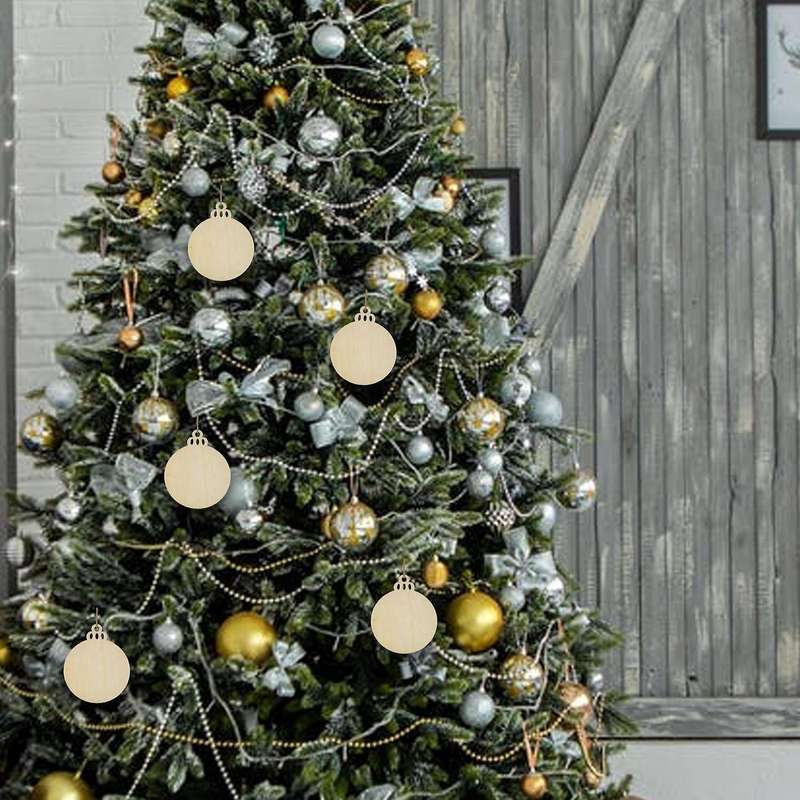 50pcs Diy Craft Wooden Round Bauble with 50pcs Twines to Paint, Unfinished Christmas Hanging Ornamen