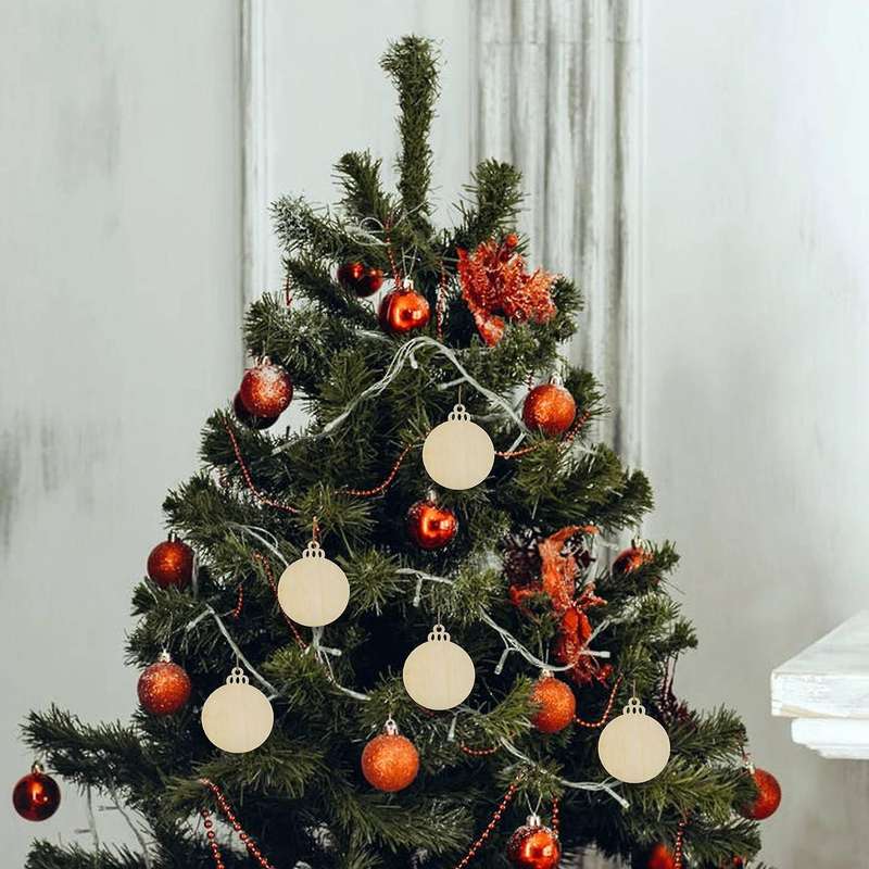 50pcs Diy Craft Wooden Round Bauble with 50pcs Twines to Paint, Unfinished Christmas Hanging Ornamen