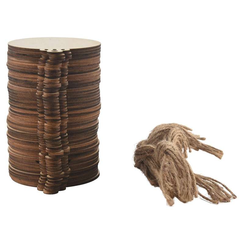 50pcs Diy Craft Wooden Round Bauble with 50pcs Twines to Paint, Unfinished Christmas Hanging Ornamen