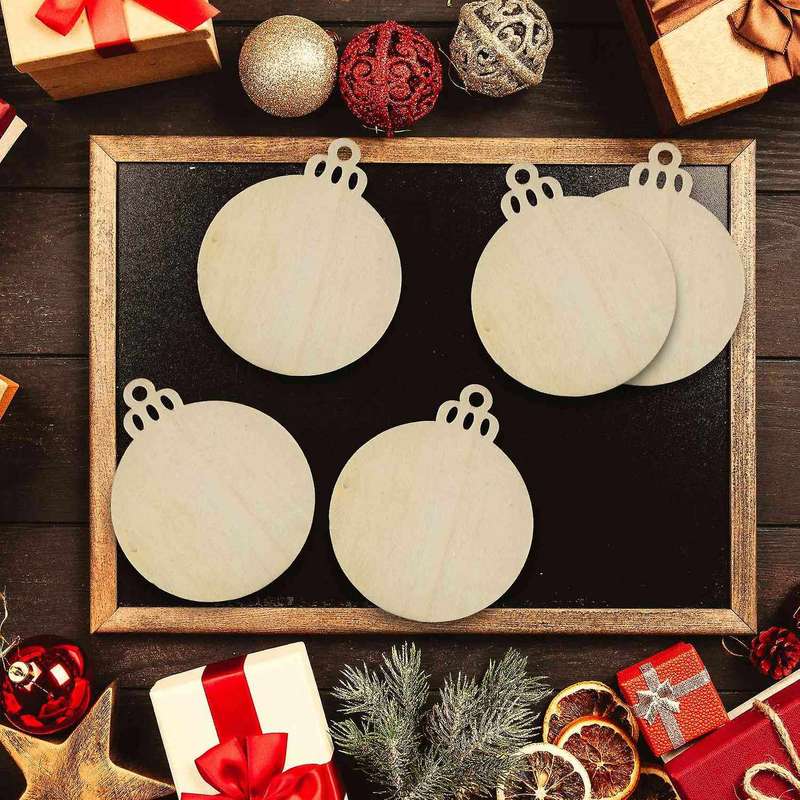 50pcs Diy Craft Wooden Round Bauble with 50pcs Twines to Paint, Unfinished Christmas Hanging Ornamen