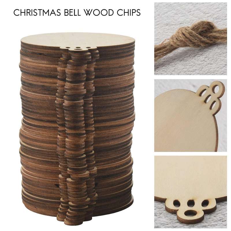 50pcs Diy Craft Wooden Round Bauble with 50pcs Twines to Paint, Unfinished Christmas Hanging Ornamen