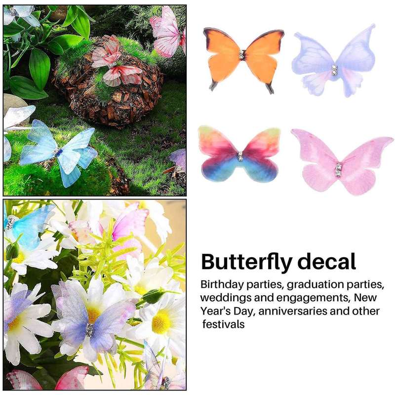 50Pcs Gradient Color Organza Fabric Butterfly Appliques 38Mm Translucent Chiffon Butterfly Compatibl