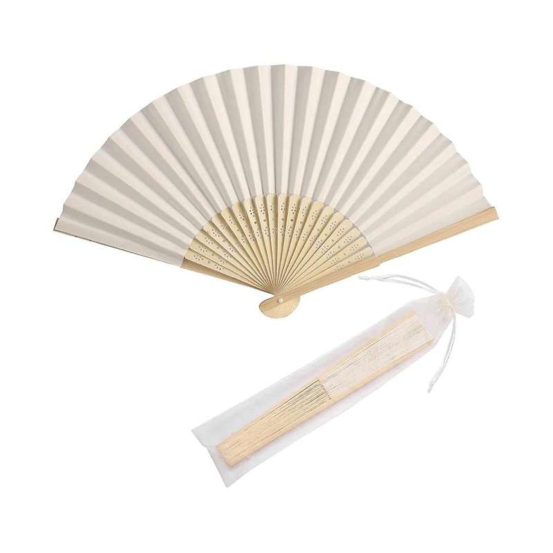50pcs Paper Hand Fan Bamboo Handheld Folded Fan Decorative Paper Fan Wedding Party Favors (cream)