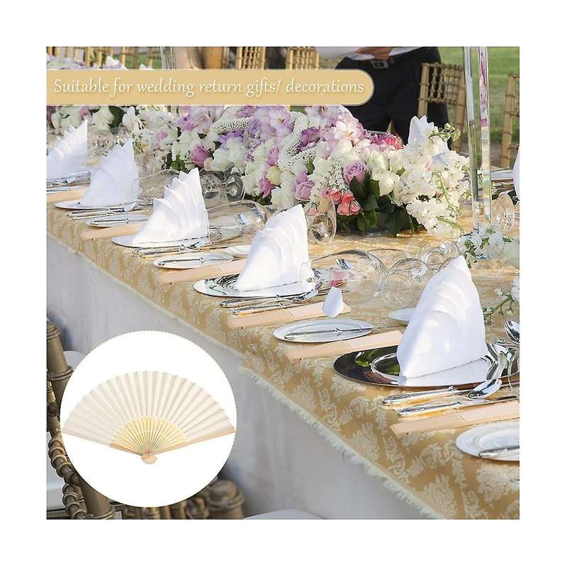 50pcs Paper Hand Fan Bamboo Handheld Folded Fan Decorative Paper Fan Wedding Party Favors (cream)