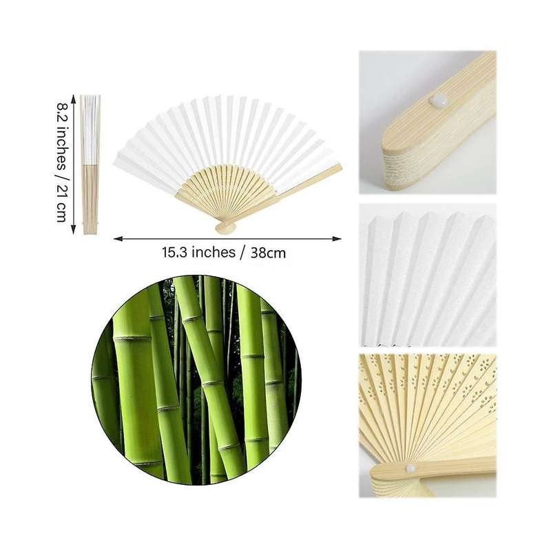 50Pcs Wedding Hand Fans Paper Fan White Handheld Fan Chinese Bamboo Folding Fan for Party Supplies/