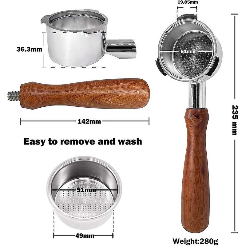 51mm Bottomless Portafilter Espresso Machines with Stainless Steel Replacement Filter Basket Wooden