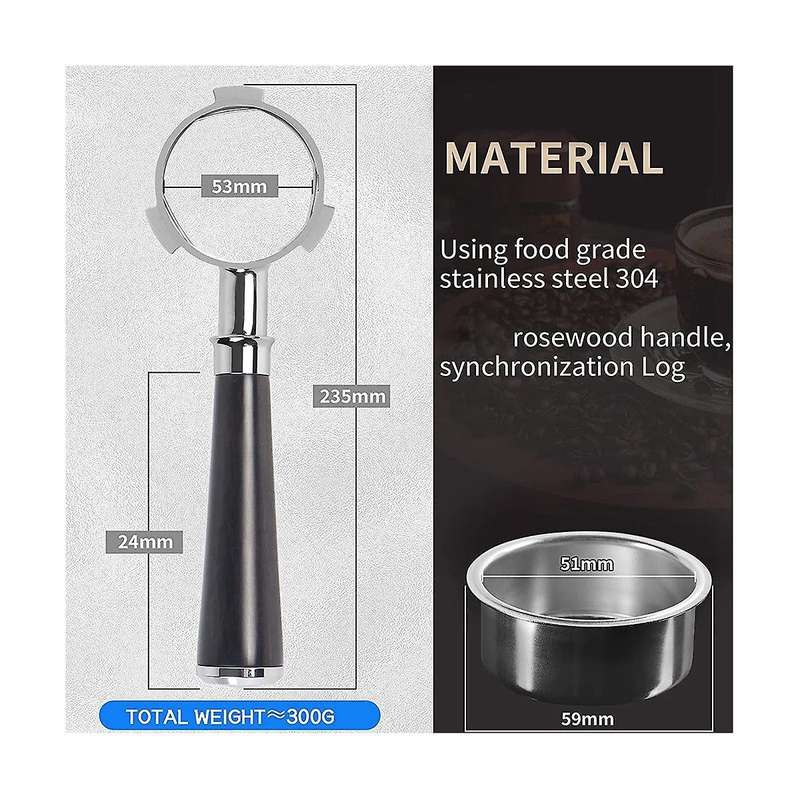 51mm Portafilter 3 Ears, Stainless Steel,51mm Bottomless Portafilter with Wood Handle and Filter Ba