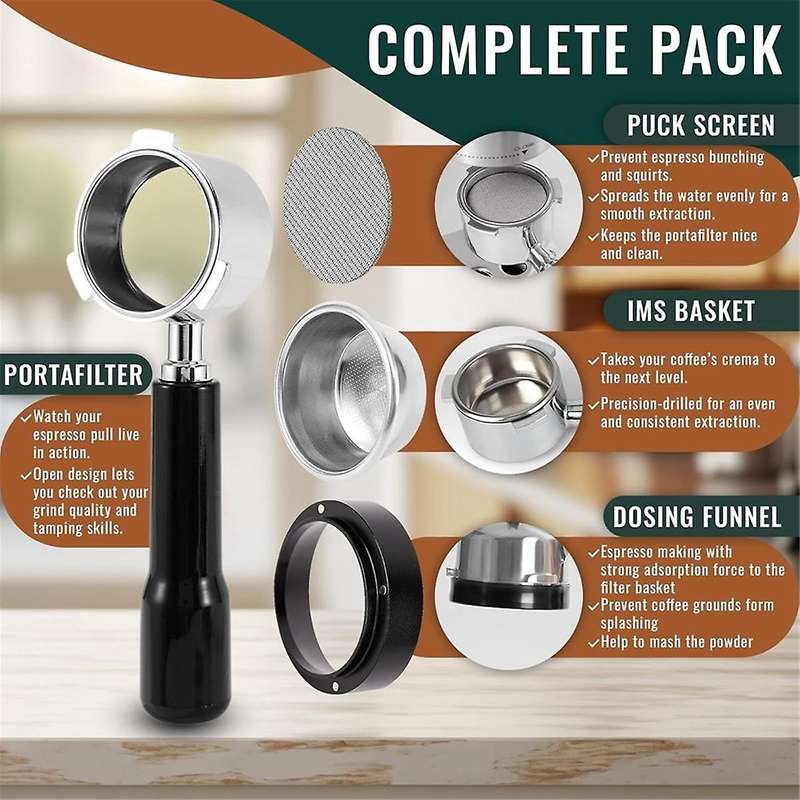 54mm Bottomless Portafilter - Complete Set with Dosing Funnel, Puck Screen, Basket for 54mm Espresso