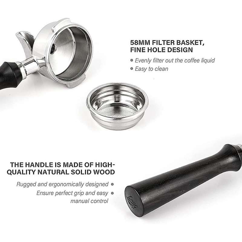 58mm Espresso Portafilter, Bottomless Coffee Portafilter Stainless Steel and Solid Wooden Handle for