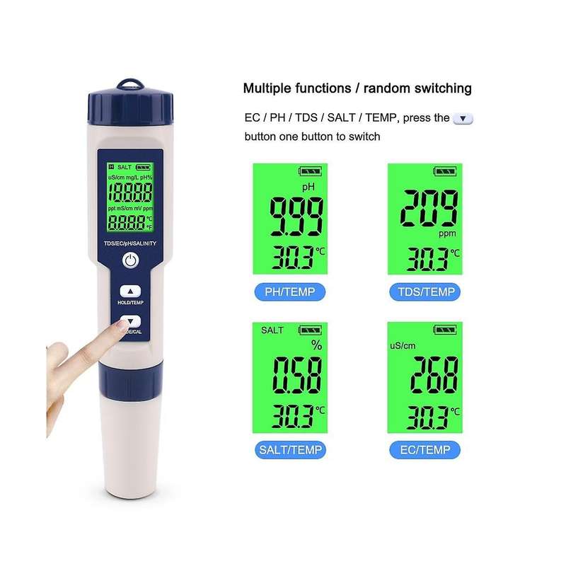 5-in-1 Digital Water Quality Tester TDS/EC/PH/Salinity/Temperature Meter for Pools Aquariums Drinkin