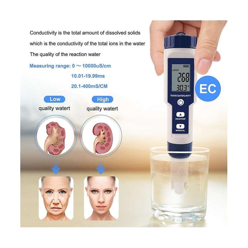 5-in-1 Digital Water Quality Tester TDS/EC/PH/Salinity/Temperature Meter for Pools Aquariums Drinkin