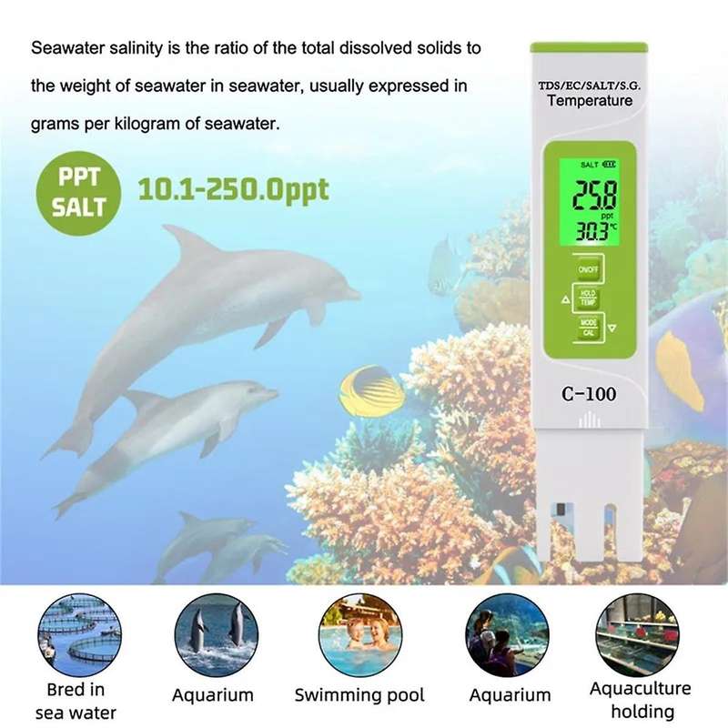 5-in-1 TDS/EC/Salinity/S.G./Temperature Salt Meter Digital Sea Water Quality Tester for Swimming Poo