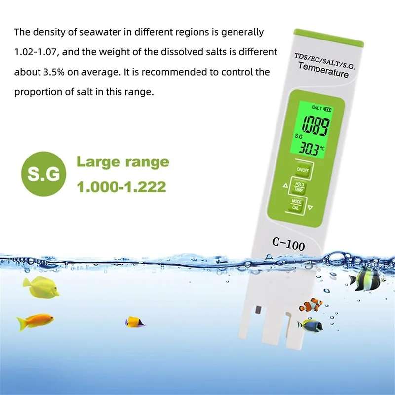 5-in-1 TDS/EC/Salinity/S.G./Temperature Salt Meter Digital Sea Water Quality Tester for Swimming Poo