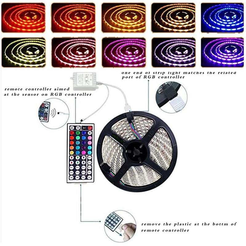 5M LED Light Strip RGB 3528 300 LED Flexible LED Strip Light with 44 Key Remote+2A Transformer for C
