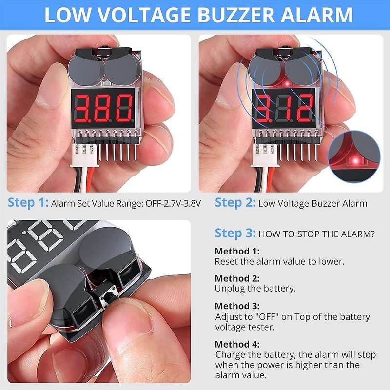 5PCS 2 In1 1-8S Lipo Battery Voltage Tester, RC Low Voltage Buzzer Alarm, Battery Monitor Checker Te