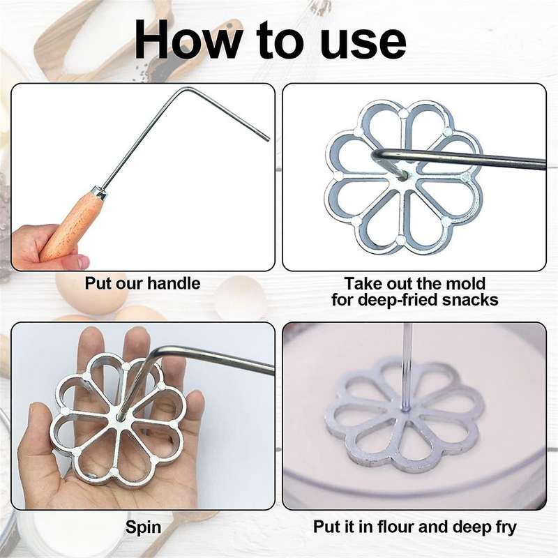 5pcs Bunuelos Mold Set Cake Snack Mold with Wooden Handles,rosette Maker Cookie Bunuelos Tool