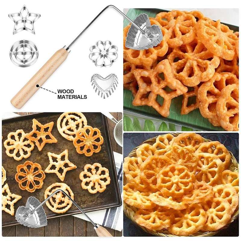 5pcs Bunuelos Mold Set Cake Snack Mold with Wooden Handles,rosette Maker Cookie Bunuelos Tool