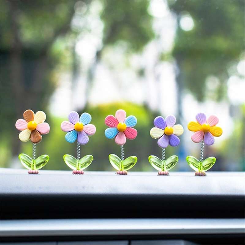 5Pcs Car Dashboard Rainbow Flower Ornaments Head Shaking Dancing Flower Cartoon Ornament Car Interio