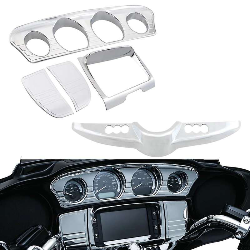 5Pcs Chrome Inner Fairing Tri-Line Gauge Stereo Bezel Trims Panel