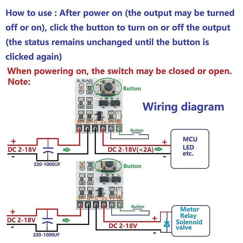 5Pcs DC 2-18V 2A Bistable Self-Locking Switch Module Button Trigger Key for LED Controller Relay Tou