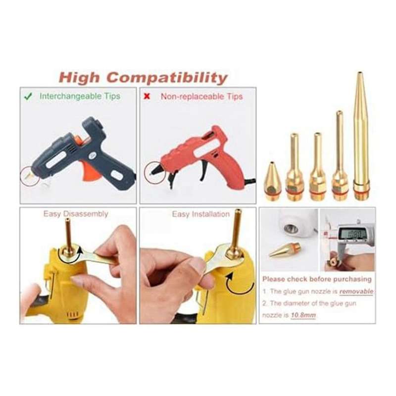5pcs Glue Guncopper Nozzle Tips with O-ring,bore Long Tube Nozzles Thread Interchangeable Nozzle Se