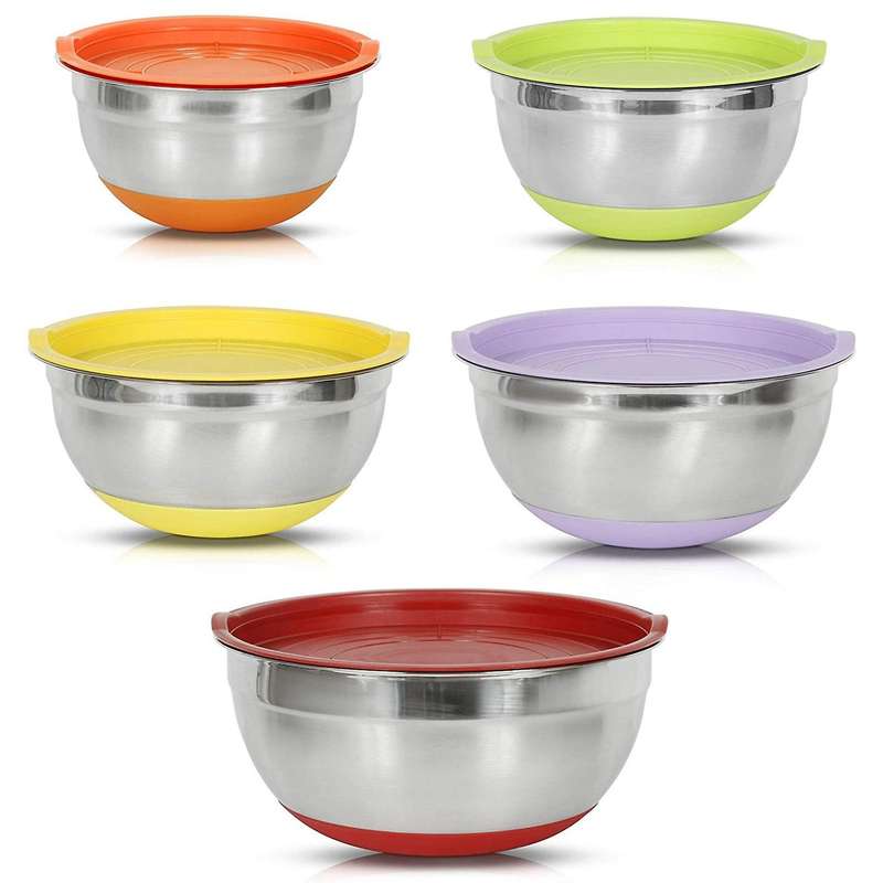 5Pcs Mixing Bowl with Lids Set, Stainless Steel Salad Mixing Bowl, Salad Bowl with Silicone Bottom f