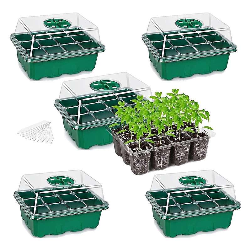 5-pcs Seed Tray Seedling Kits, Plant Kit with Humidity Domes and Base (12 Cells Per Tray)- Green
