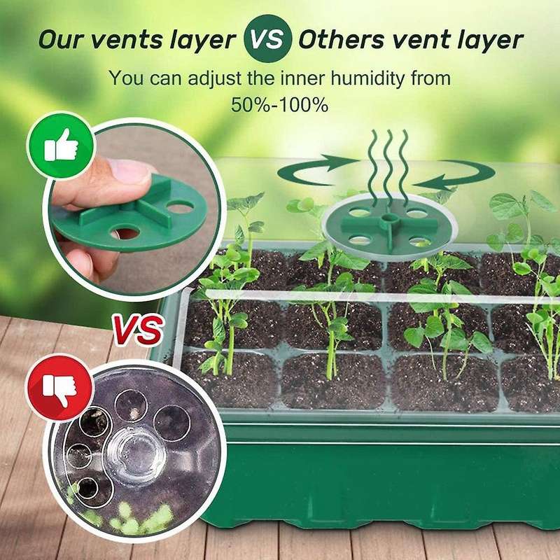 5-pcs Seed Tray Seedling Kits, Plant Kit with Humidity Domes and Base (12 Cells Per Tray)- Green