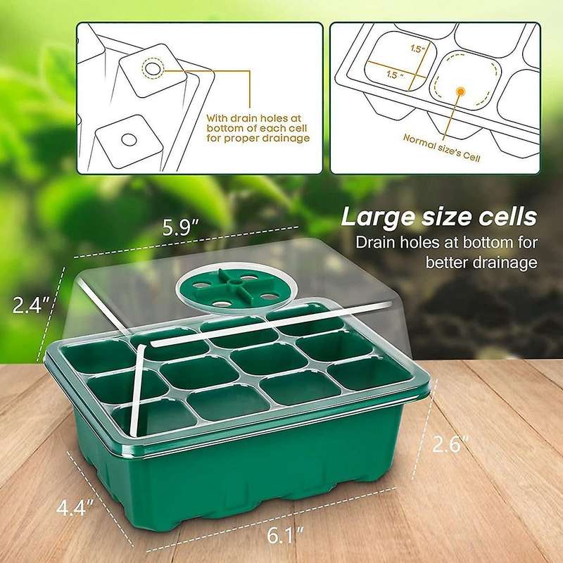 5-pcs Seed Tray Seedling Kits, Plant Kit with Humidity Domes and Base (12 Cells Per Tray)- Green