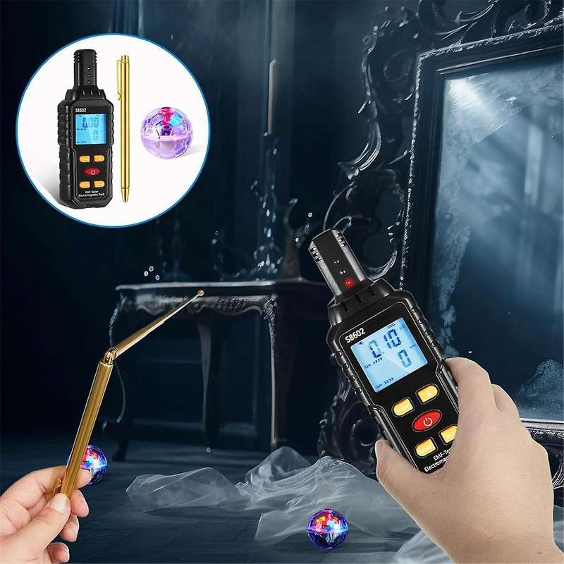 5-Piece Ghosthunting Equipment Kit 1 EMF Radiation Detector 2 LED Cat Balls 2 Copper Track Poles
