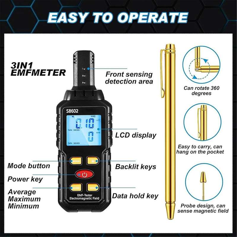 5-Piece Ghosthunting Equipment Kit 1 EMF Radiation Detector 2 LED Cat Balls 2 Copper Track Poles